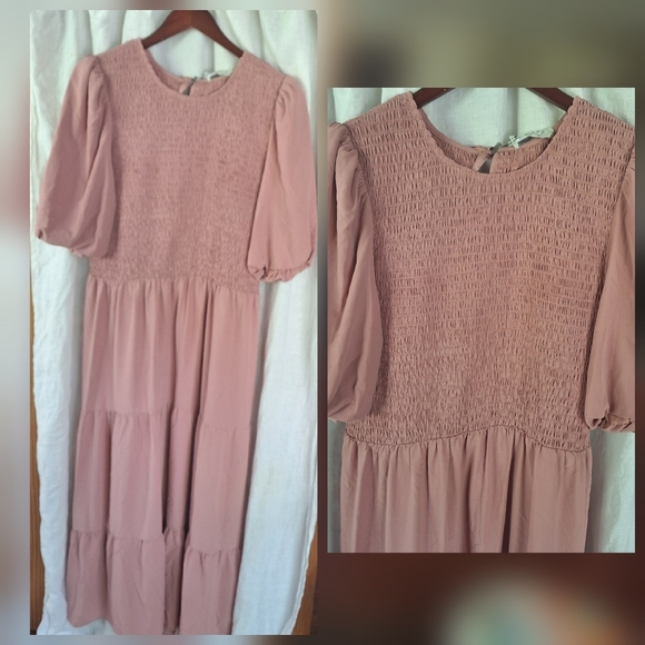 WAYF Camden Rose Pink Smocked Floral Tiered Puff Sleeve Modest Midi Dress XL - Picture 1 of 3